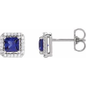 14K White Gold Square 4 X 4Mm I1, G-H Lab-Grown Blue Sapphire And .08 Ctw Natural Diamond 4-Prong Friction Back Halo-Style Basket Earrings