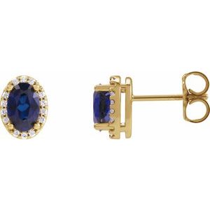 14K Yellow Gold Oval 6 X 4 Mm Lab-Grown Blue Sapphire And .06 Ctw Natural Diamond Halo-Style Basket Earrings