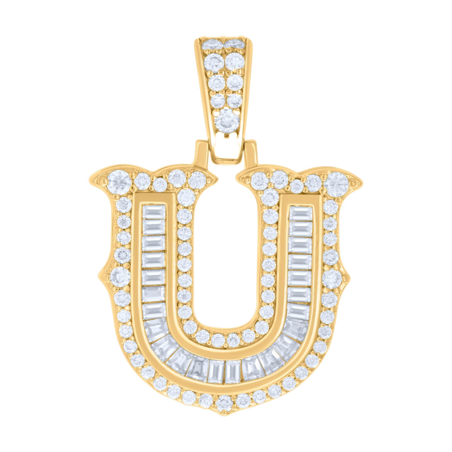 Sterling Silver Or Yellow-tone Unisex Baguette Round Moissanite 0.59ct Initial Alphabet Charm Pendant
