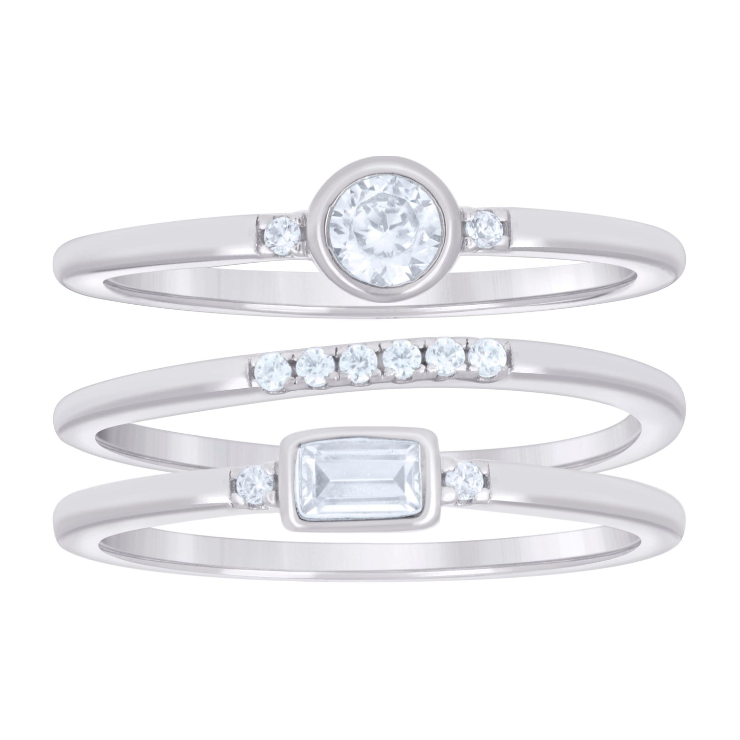 Sterling Silver Womens Oval/Baguette Round Cubic-Zirconia Three Layers Bridal Anniversary Wedding Engagement Band Ring