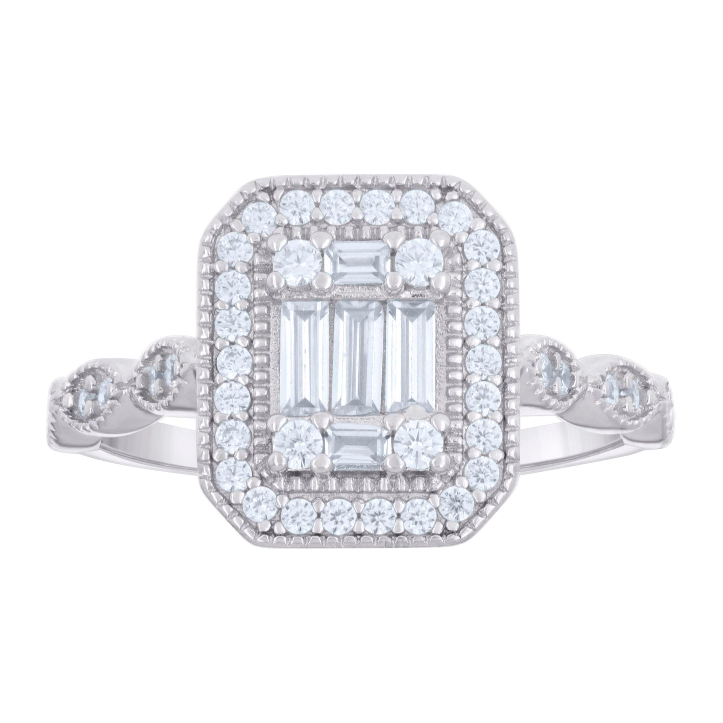 Sterling Silver Womens Baguette Round Cubic-Zirconia Bridal Anniversary Engagement Wedding Ring