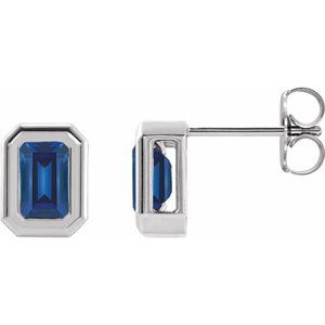 14K White Gold Emerald 7 X 5 Mm Lab-Grown Blue Sapphire Solitaire Bezel-Set Earrings