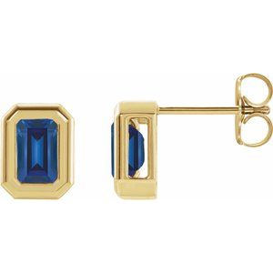 14K Yellow Gold Emerald 7 X 5 Mm Lab-Grown Blue Sapphire Solitaire Bezel-Set Earrings