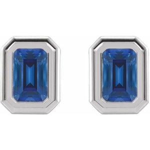 14K White Gold Emerald 7 X 5 Mm Lab-Grown Blue Sapphire Solitaire Bezel-Set Earrings