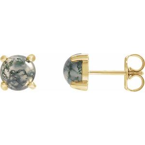 14K Yellow Or White Gold Or Sterling Silver Round Shape 6 Mm Natural Moss Agate Cabochon 4-Prong Earrings