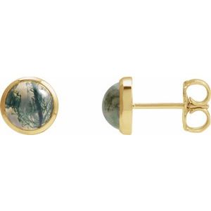 14K Yellow Gold Round Shape 6 Mm Natural Moss Agate Bezel Earrings