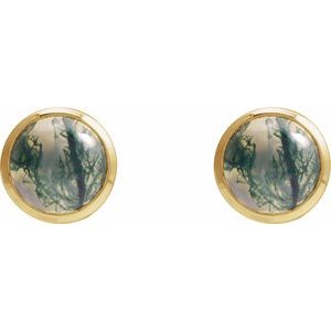14K Yellow Gold Round Shape 6 Mm Natural Moss Agate Bezel Earrings