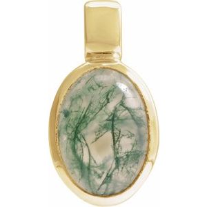 14K Yellow Gold Oval 7 X 5 Mm Natural Moss Agate Cabochon Bezel Pendant