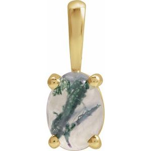 14K Yellow Gold Oval 7 X 5 Mm Natural Moss Agate 4-Prong Cabochon Basket Pendant