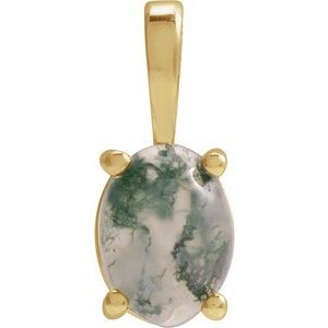 14K Yellow Gold Oval 8 X 6 Mm Natural Moss Agate 4-Prong Cabochon Basket Pendant