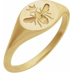 14K Yellow Gold 8.4 X 8.4 Mm Bead Blast/Polished Polished Intaglio Bee Signet Ring Size 7