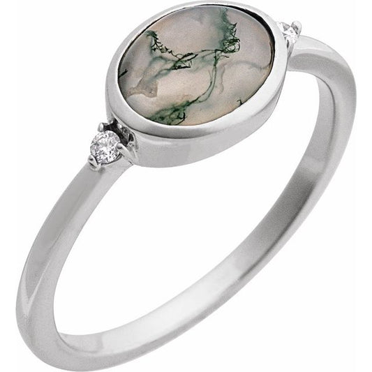14K White Gold Oval 8 X 6 Mm Polished Natural Moss Agate And .03 Ctw Natural Diamond Bezel-Set Cabochon Ring, Size 7