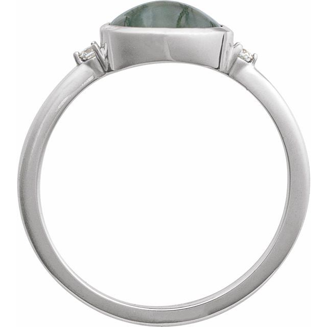 14K White Gold Oval 8 X 6 Mm Polished Natural Moss Agate And .03 Ctw Natural Diamond Bezel-Set Cabochon Ring, Size 7