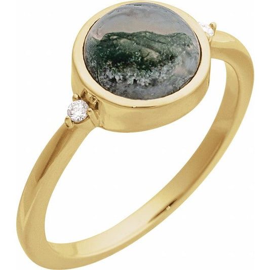 14K Yellow Gold Round 8 Mm Polished Natural Moss Agate And .03 Ctw Natural Diamond Bezel-Set Cabochon Ring, Size 7