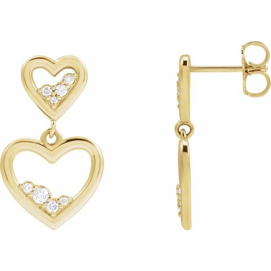 14K Yellow Gold Round Friction Back Polished 1/5 Ctw Natural Diamond Heart Dangle Earrings