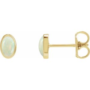 14K Yellow Gold Oval Shape 6 X 4 Mm Lab-Grown White Opal Bezel Earrings