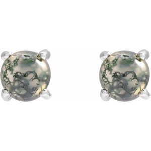 14K Yellow Or White Gold Or Sterling Silver Round Shape 6 Mm Natural Moss Agate Cabochon 4-Prong Earrings