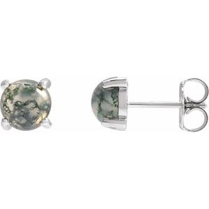 14K Yellow Or White Gold Or Sterling Silver Round Shape 6 Mm Natural Moss Agate Cabochon 4-Prong Earrings
