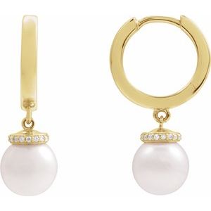 14K Yellow Gold Pair 8Mm I1, Gh Akoya Pearl And .07 Ctw Natural Diamond Hoop Earrings, Length: 14.2 Mm, Thickness: 2.3 Mm