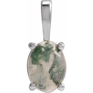 14K White Gold Oval 8 X 6 Mm Natural Moss Agate 4-Prong Cabochon Basket Pendant
