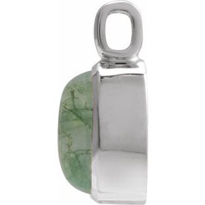 14K White Gold Oval 7 X 5 Mm Natural Moss Agate Cabochon Bezel Pendant