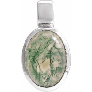 14K White Gold Oval 7 X 5 Mm Natural Moss Agate Cabochon Bezel Pendant
