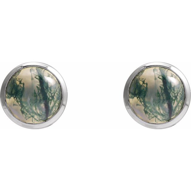 Sterling Silver Round Pair 6 Mm Friction Bezel Polished Natural Moss Agate Earrings