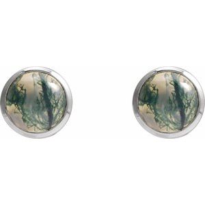 14K White Gold Round Shape 6 Mm Natural Moss Agate Bezel Earrings