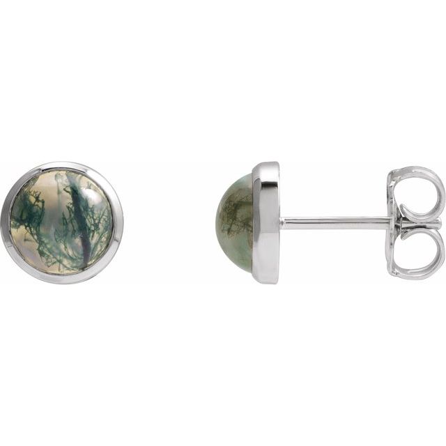 Sterling Silver Round Pair 6 Mm Friction Bezel Polished Natural Moss Agate Earrings