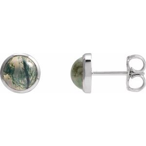 14K White Gold Round Shape 6 Mm Natural Moss Agate Bezel Earrings