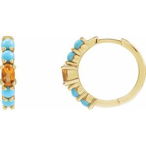 14K Yellow Gold Pair Oval Shape 5 X 3 Mm Natural Citrine And Natural Turquoise Huggie Hoop Earrings, Length: 19.6 Mm, Thickness: 3.8 Mm