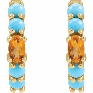 14K Yellow Gold Pair Oval Shape 5 X 3 Mm Natural Citrine And Natural Turquoise Huggie Hoop Earrings, Length: 19.6 Mm, Thickness: 3.8 Mm