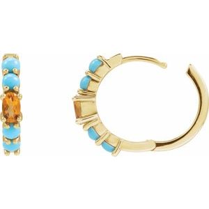 14K Yellow Gold Pair Oval Shape 5 X 3 Mm Natural Citrine And Natural Turquoise Huggie Hoop Earrings, Length: 19.6 Mm, Thickness: 3.8 Mm