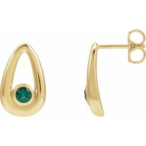 14K Yellow Gold Round Shape 3 Mm Lab-Grown Emerald Solitaire Geometric Bezel Earrings