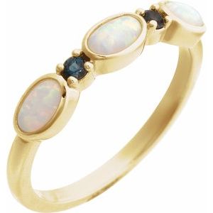 14K Yellow Gold Lab-Grown White Opal & Natural London Blue Topaz Stackable Ring Size 7