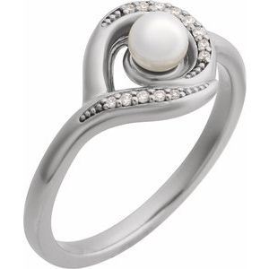 14K White Gold Cultured Akoya Pearl Round 4.5 Mm Natural Diamond Polished Cultured Pearl And .05 Ctw Natural Diamond Freeform Ring Size 7