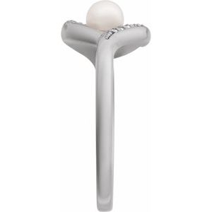 14K White Gold Cultured Akoya Pearl Round 4.5 Mm Natural Diamond Polished Cultured Pearl And .05 Ctw Natural Diamond Freeform Ring Size 7