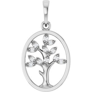 14K White Gold Round 1Mm G-H I1 .06 Ctw Natural Diamond Tree Of Life Pendant