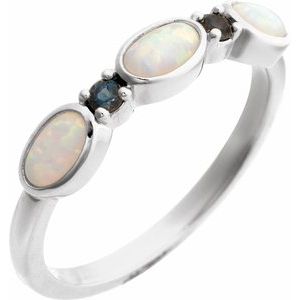 Sterling Silver Lab-Grown White Opal & Natural London Blue Topaz Stackable Ring Size 7