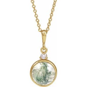 14K Yellow Gold Round 8Mm G-H I1 Natural Moss Agate And .03 Ct Natural Diamond Bezel-Set Necklace, Length: 18 In