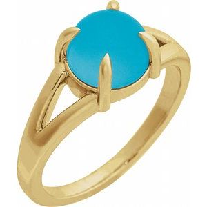 14K Yellow Gold  Round 6 Mm Polished Natural Turquoise Solitaire Cabochon Ring Size 7