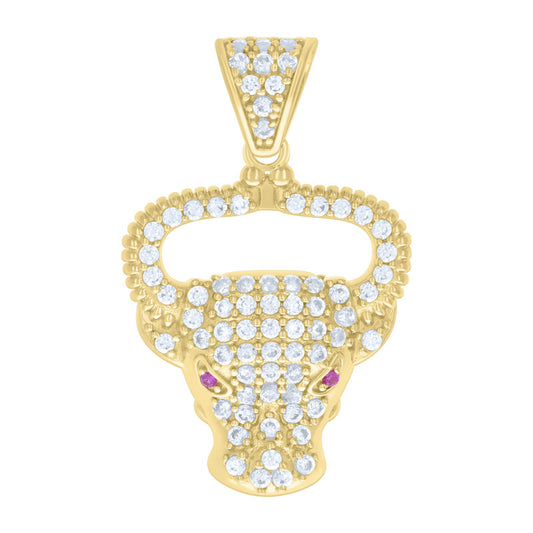 10kt Yellow Gold Mens Pink White Cubic-Zirconia Bull Head Animal Wildlife Charm Pendant