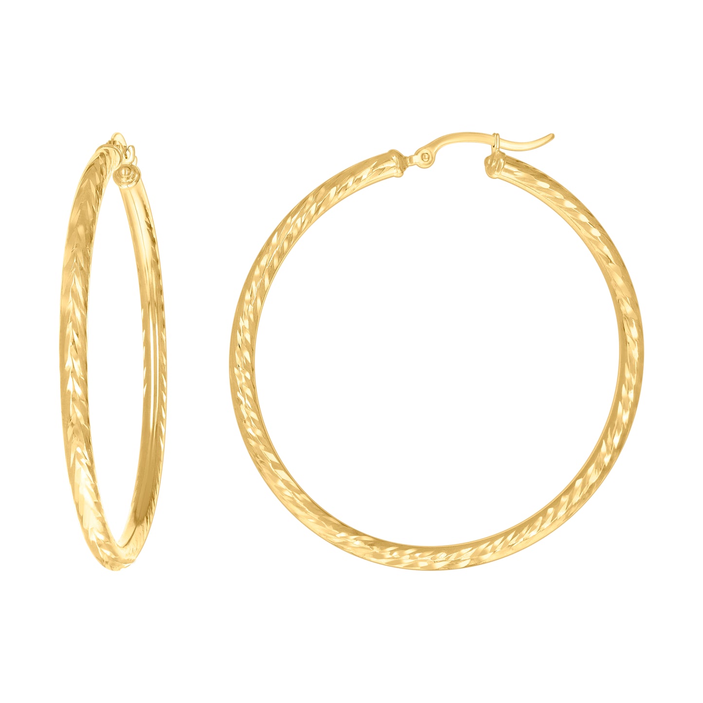 10K Yellow Gold Womens Round Tube Diamond-cut Patterned Fancy Hoop Earrings 3mm