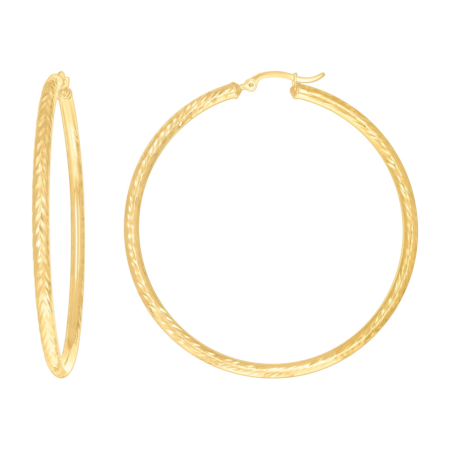 10K Yellow Gold Womens Round Tube Diamond-cut Patterned Fancy Hoop Earrings 3mm