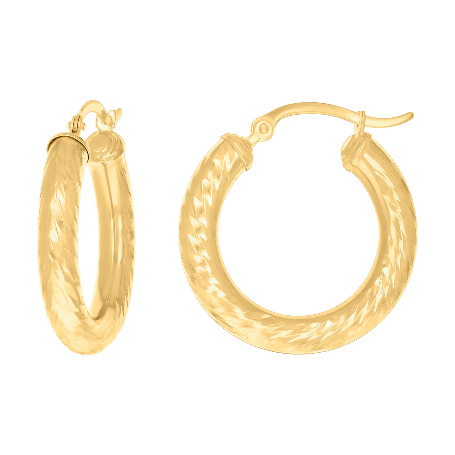 10K Yellow Gold Womens Round Tube Diamond-cut Patterned Fancy Hoop Earrings 4mm