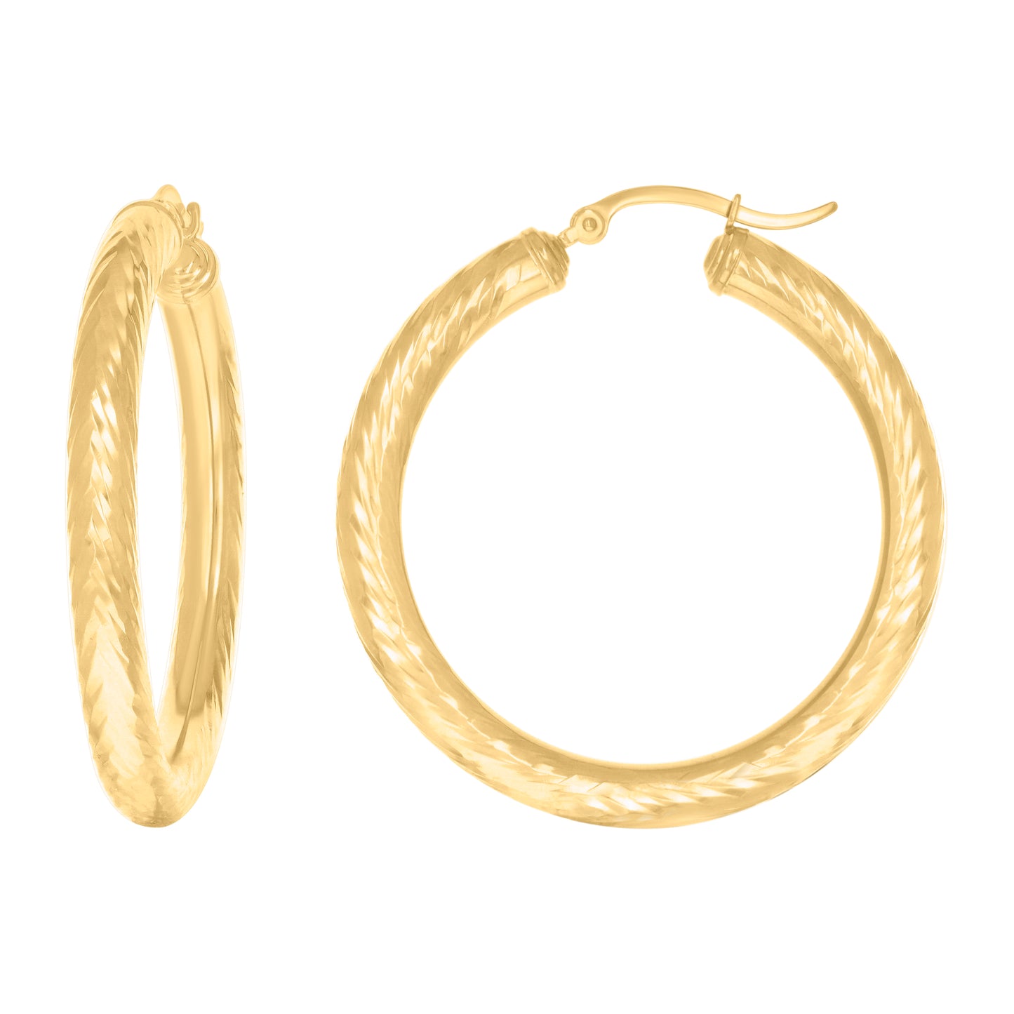 10K Yellow Gold Womens Round Tube Diamond-cut Patterned Fancy Hoop Earrings 4mm