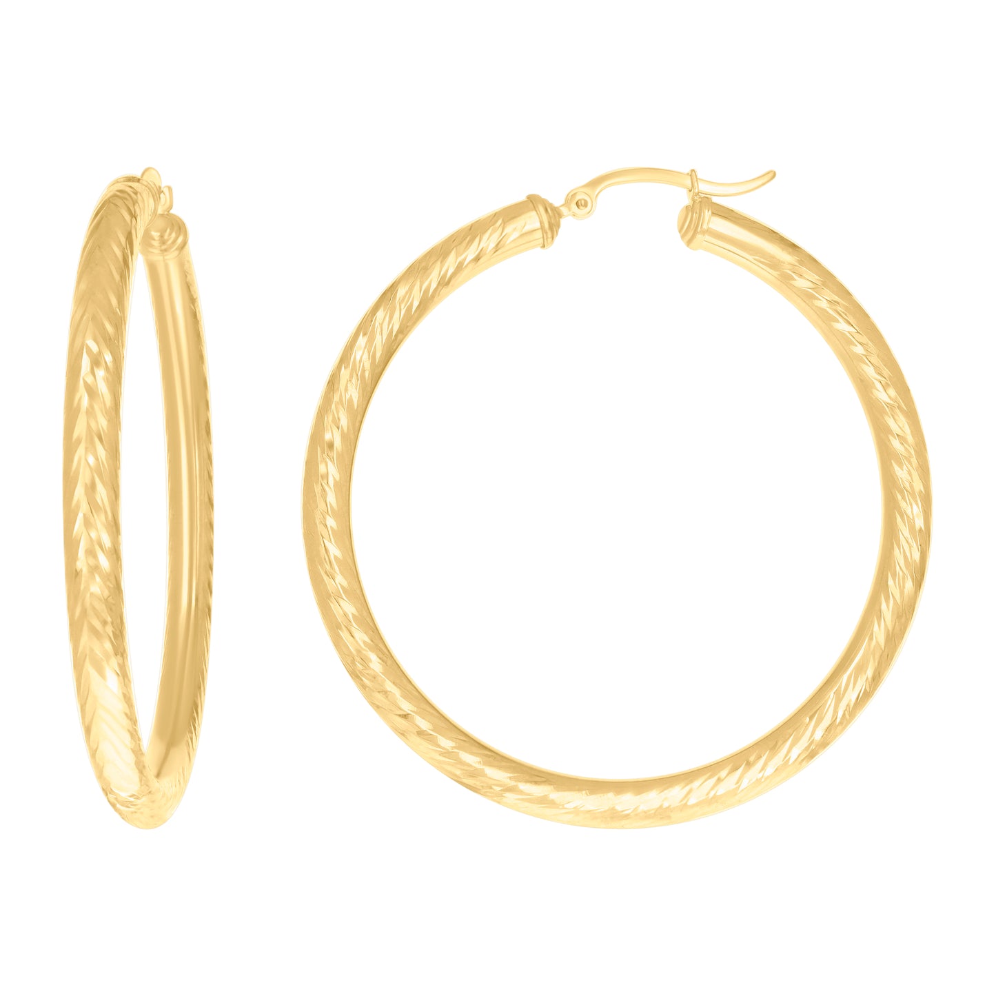 10K Yellow Gold Womens Round Tube Diamond-cut Patterned Fancy Hoop Earrings 4mm