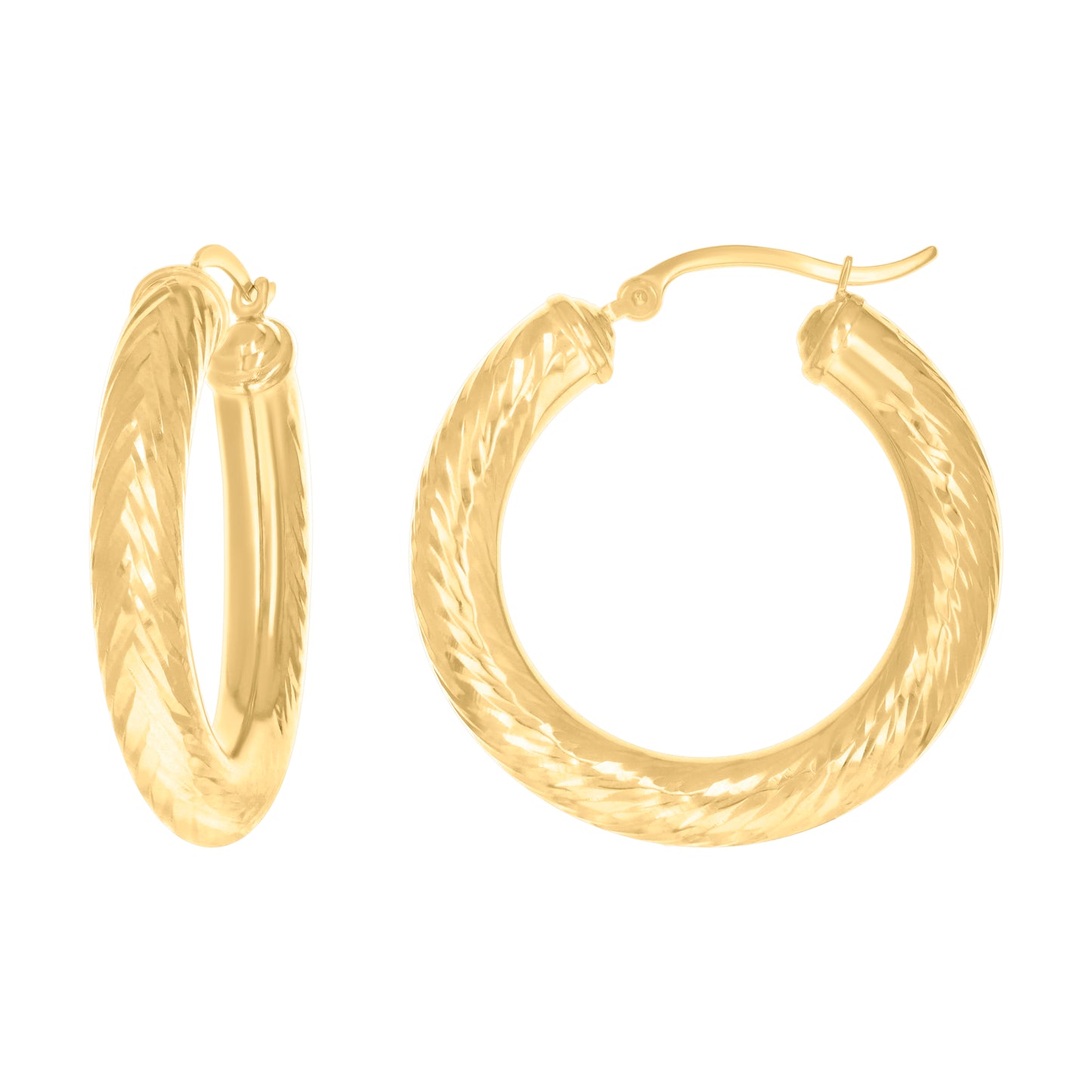 10K Yellow Gold Womens Round Tube Diamond-cut Patterned Fancy Hoop Earrings