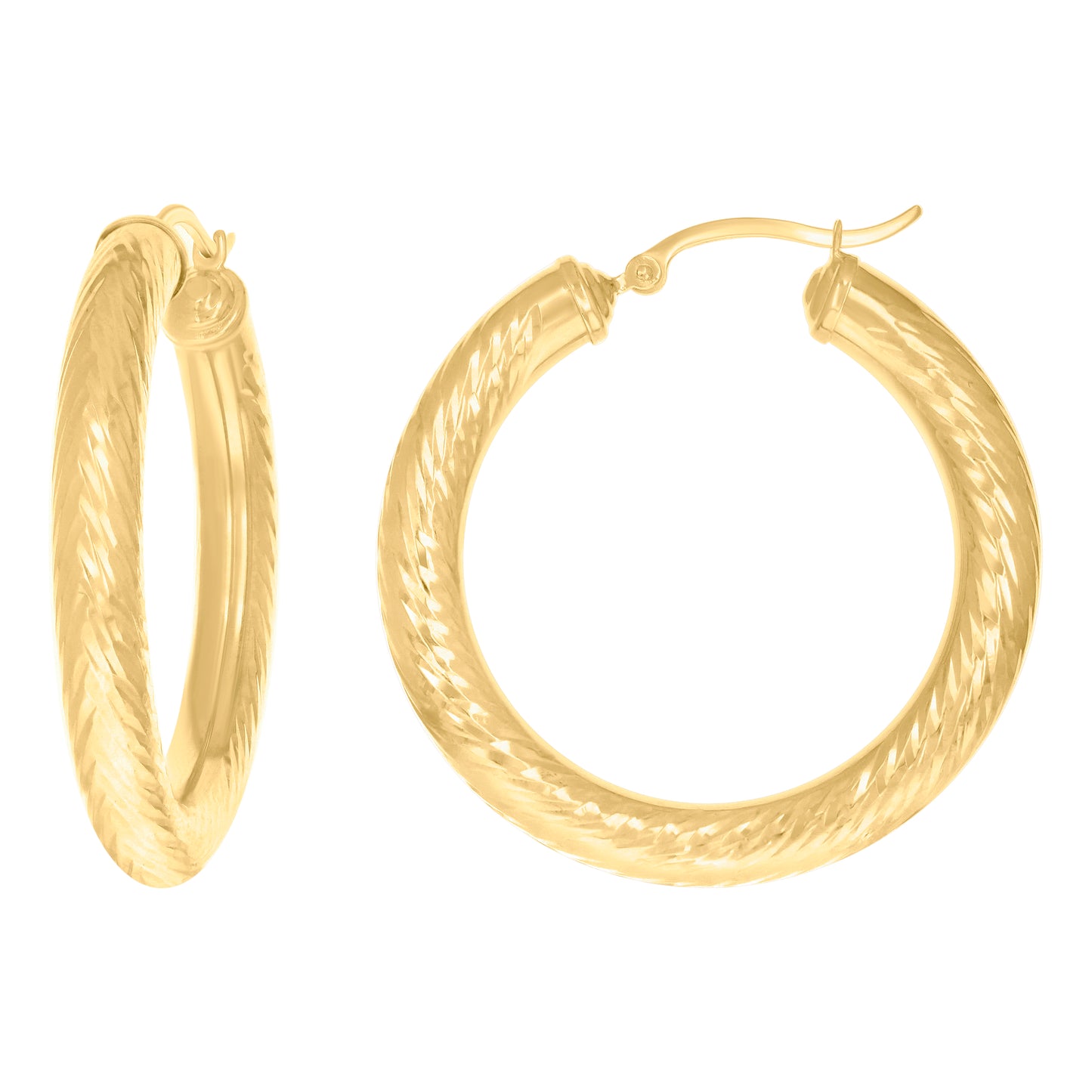 10K Yellow Gold Womens Round Tube Diamond-cut Patterned Fancy Hoop Earrings