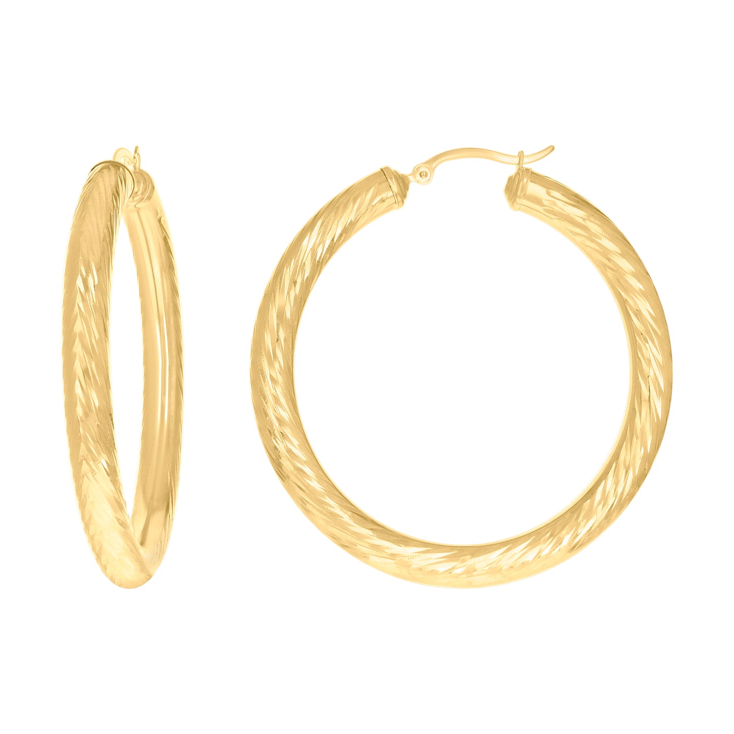 10K Yellow Gold Womens Round Tube Diamond-cut Patterned Fancy Hoop Earrings